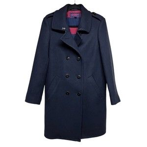 HAMNETT LONDON LONG WOOL PEA COAT NAVY BLUE WOMEN’S SIZE 12